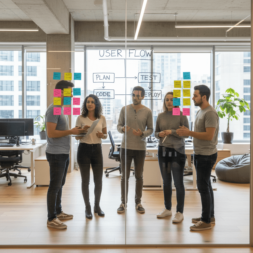 Business team sketching strategy on a whiteboard